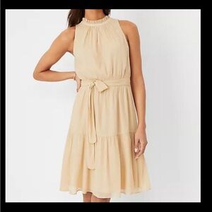 NWT Ann Taylor Gold Metallic Dobby Halter Fit Flare Dress 14P Wedding Guest